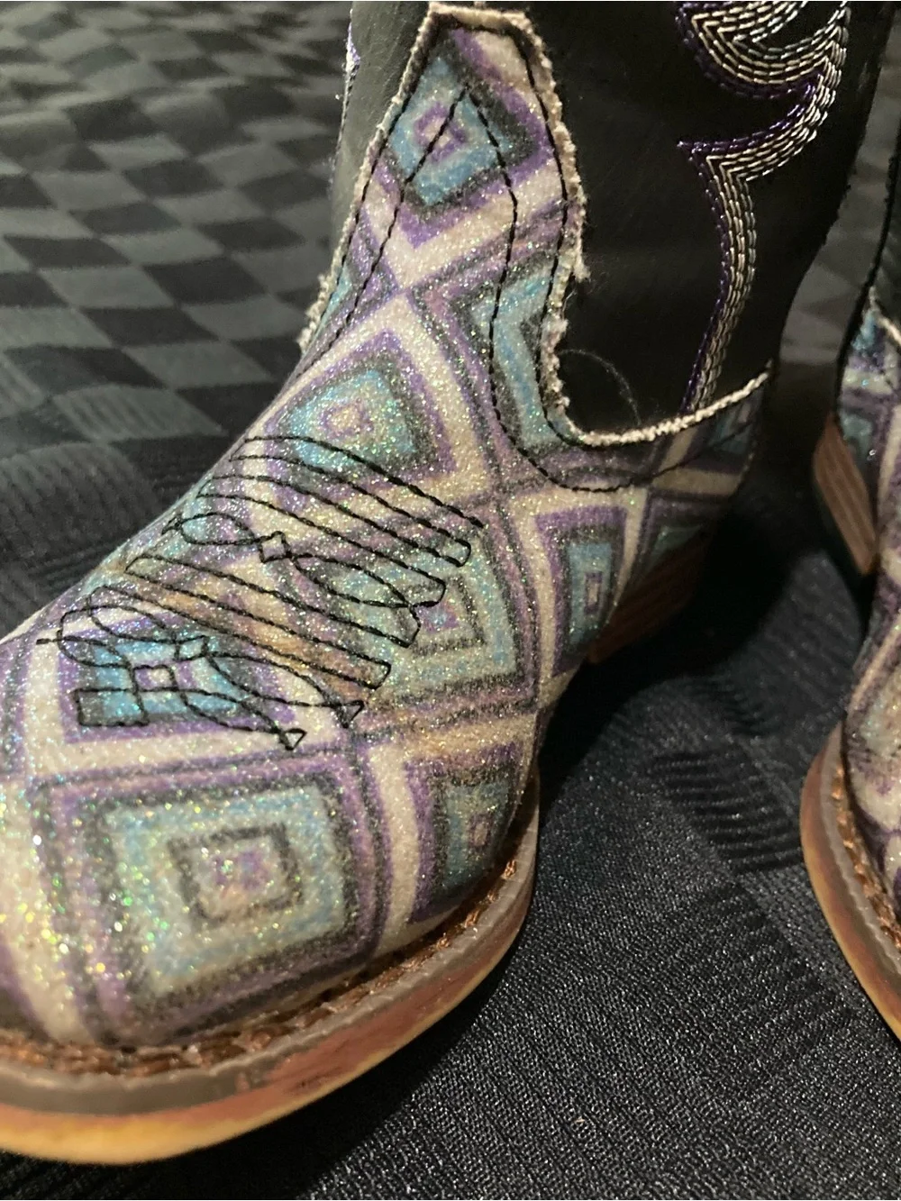 Roper Black Shaft Cowgirl Boots with Purple and Teal Geometric Toe